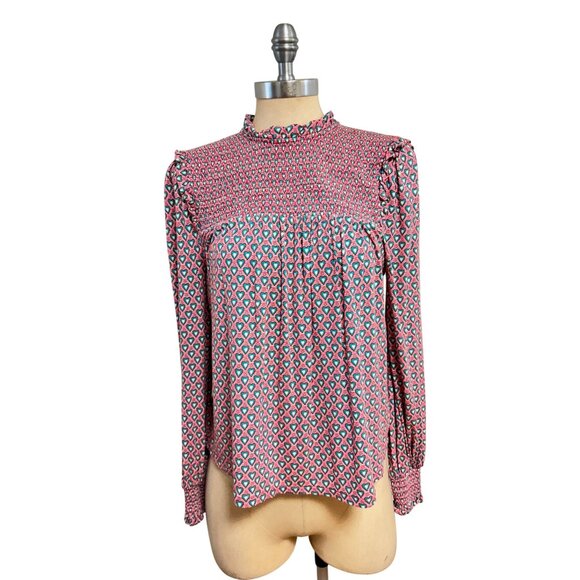 Boden Womens Smocked Blouse Red Heart Print Long Sleeve UK 10 US 6 - Picture 3 of 7